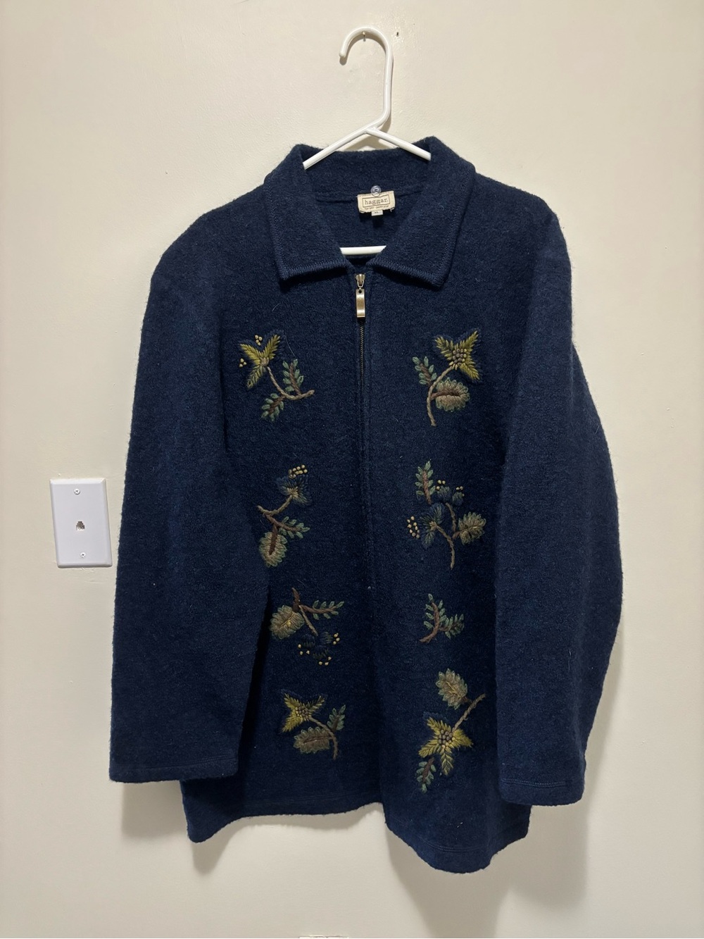 Title Suggestion: Vintage Haggar For Her Embroidered Boiled Wool Full-Zip Jacket